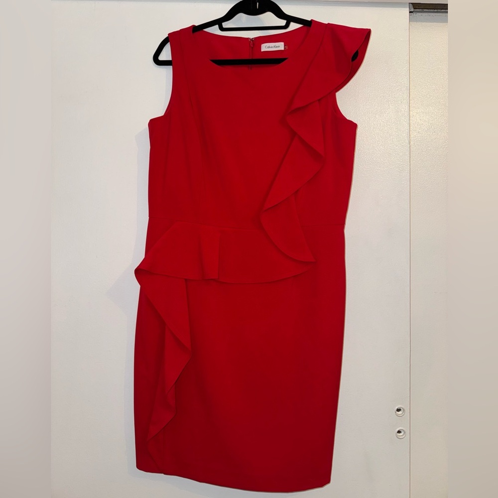 Calvin Klein Red Asymmetrical Ruffle Dress